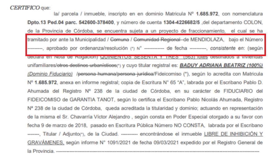 Certificación en la que se omite el numero de ordenanza que autoriza al proyecto