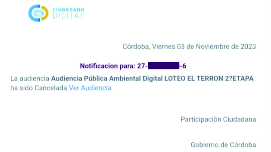 Comunicación via CiDi de la cancelación de la audiencia pública