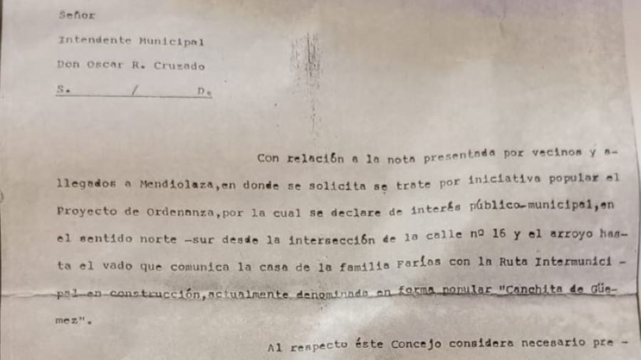 Fragmento de nota del Concejo Deliberante de Mendiolaza al Intendente Cruzado
