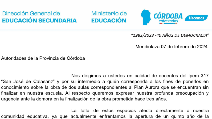 Nota que los docentes del Ipen 317 entregaron a Llaryora