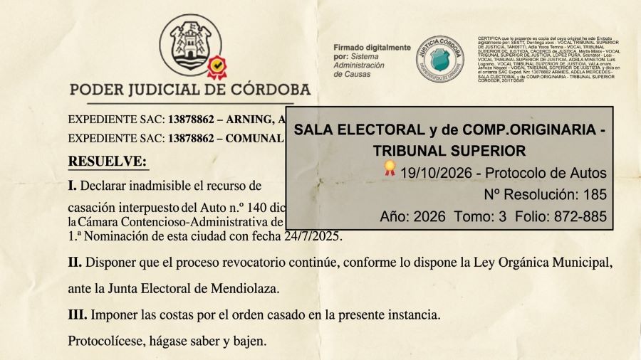 Puede retomarse la revocatoria en Mendiolaza.
El TSJ rechazó el recurso de la intendenta